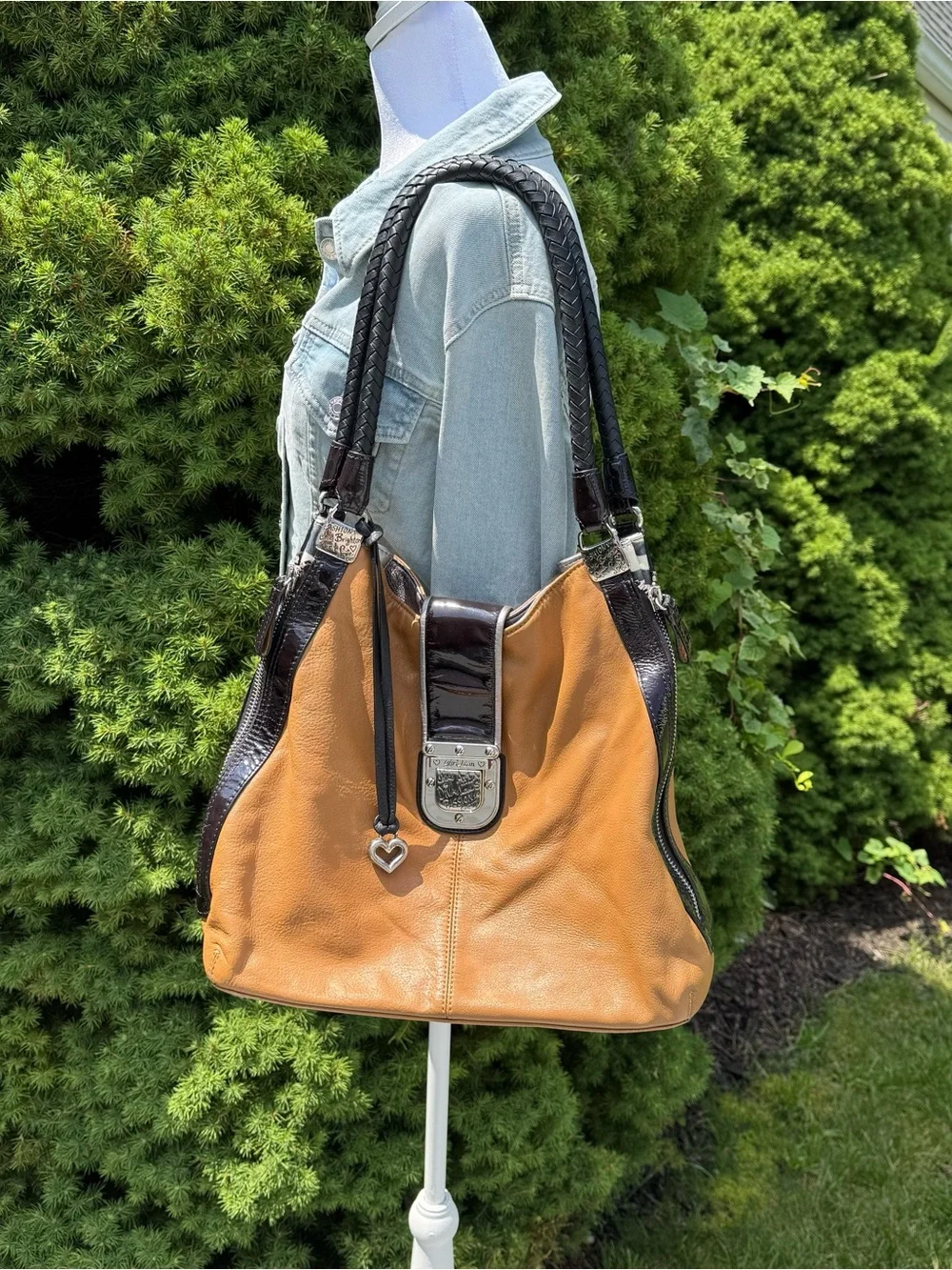Brighton Fashionista City Block Dovima Two-Tone Tan and Black Leather Hobo Bag